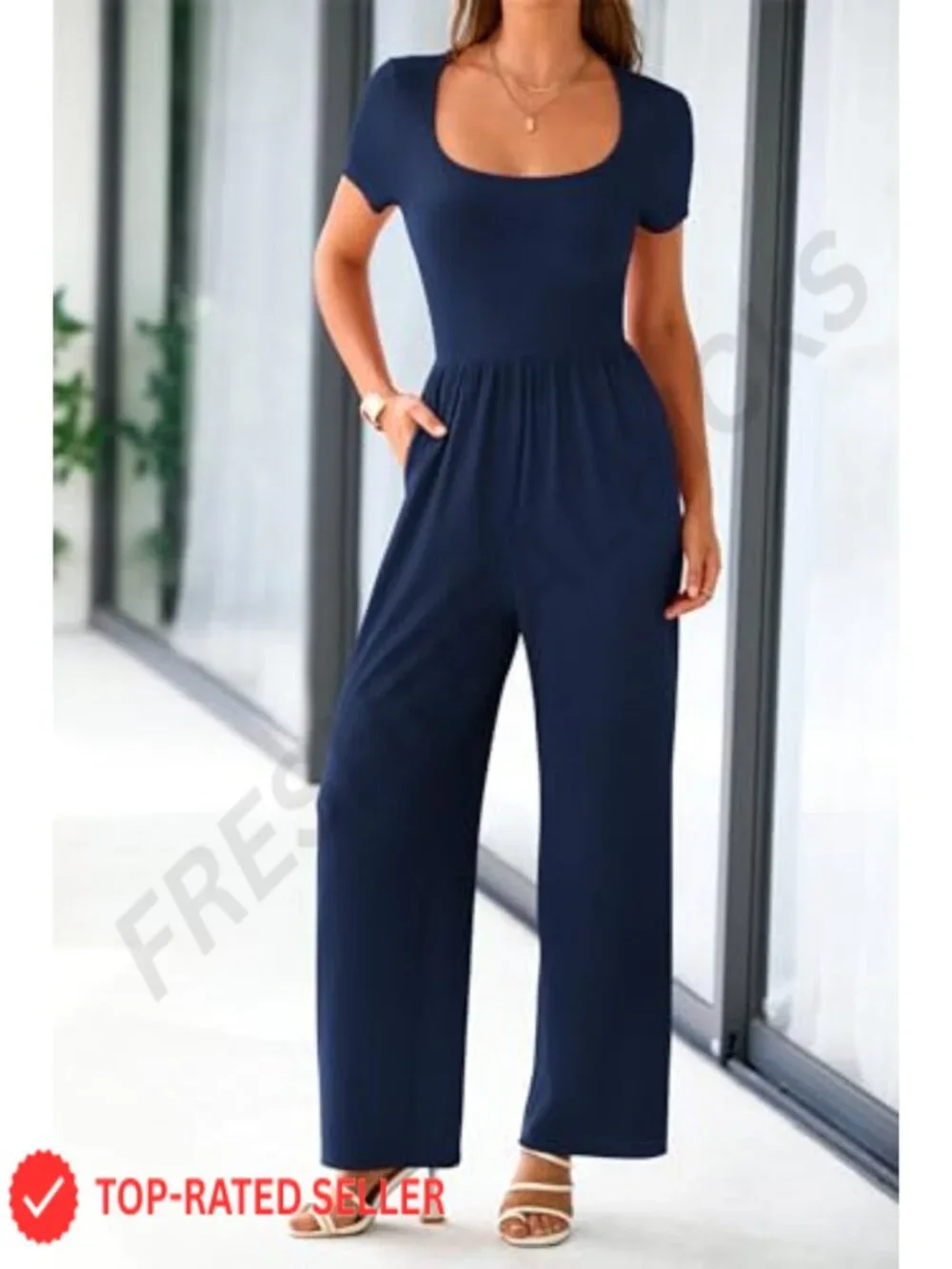 Womens Ribbed Knit Short Sleeve Square Neck Wide Leg Jumpsuit Romper with